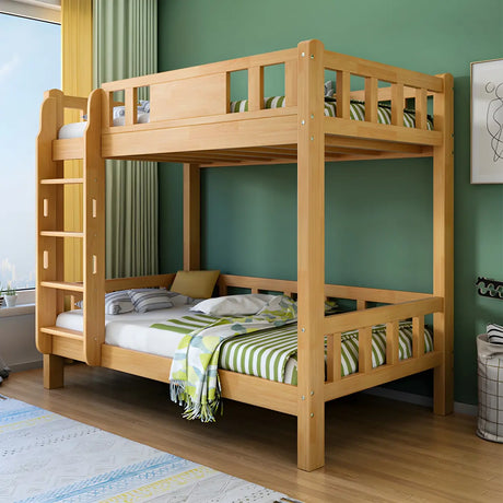 Guardrail and Stairs Natural Wood Space-Saving Bunk Bed Image - 1