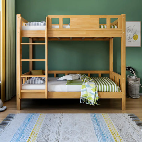 Guardrail and Stairs Natural Wood Space-Saving Bunk Bed Image - 2