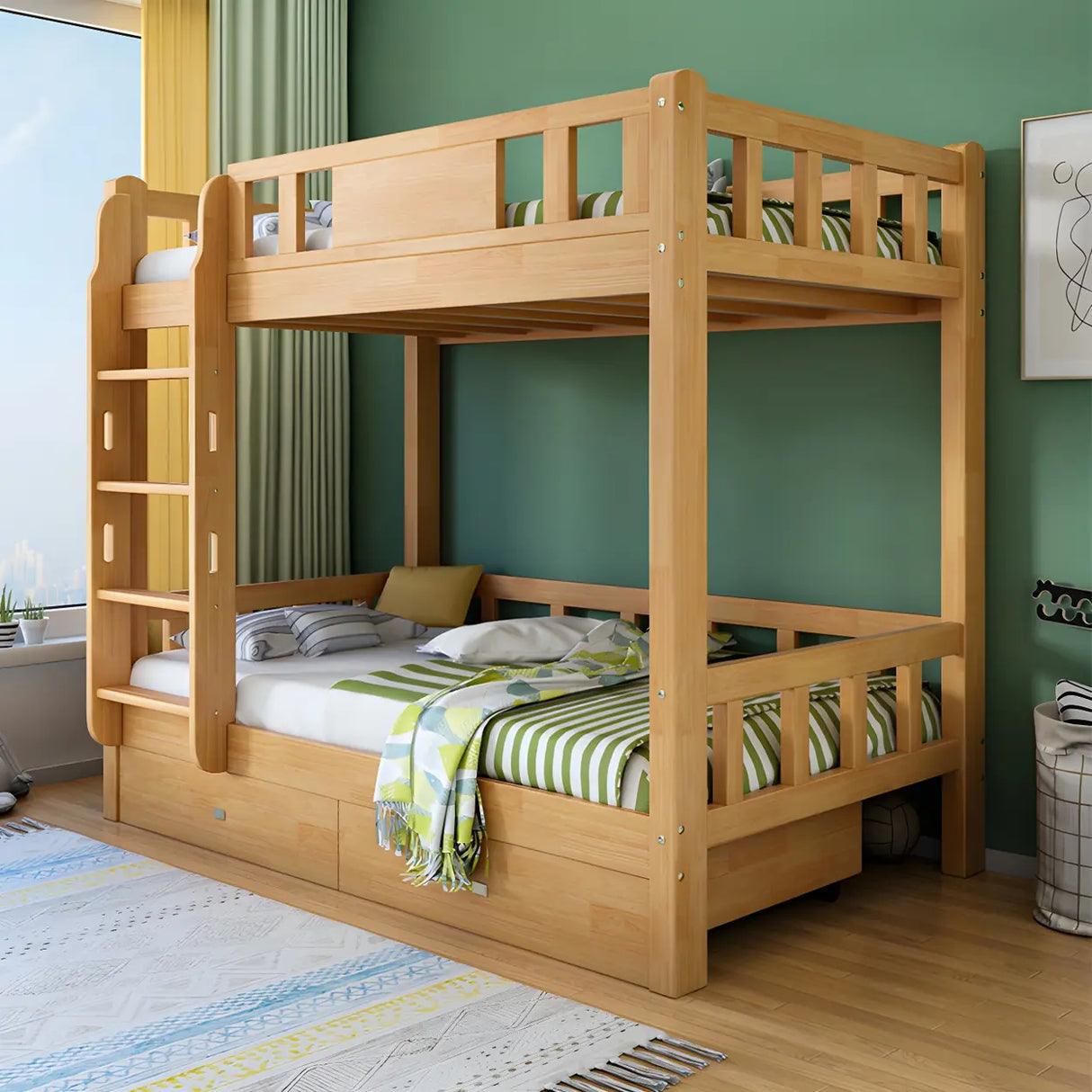 Guardrail and Stairs Natural Wood Space-Saving Bunk Bed Image - 3