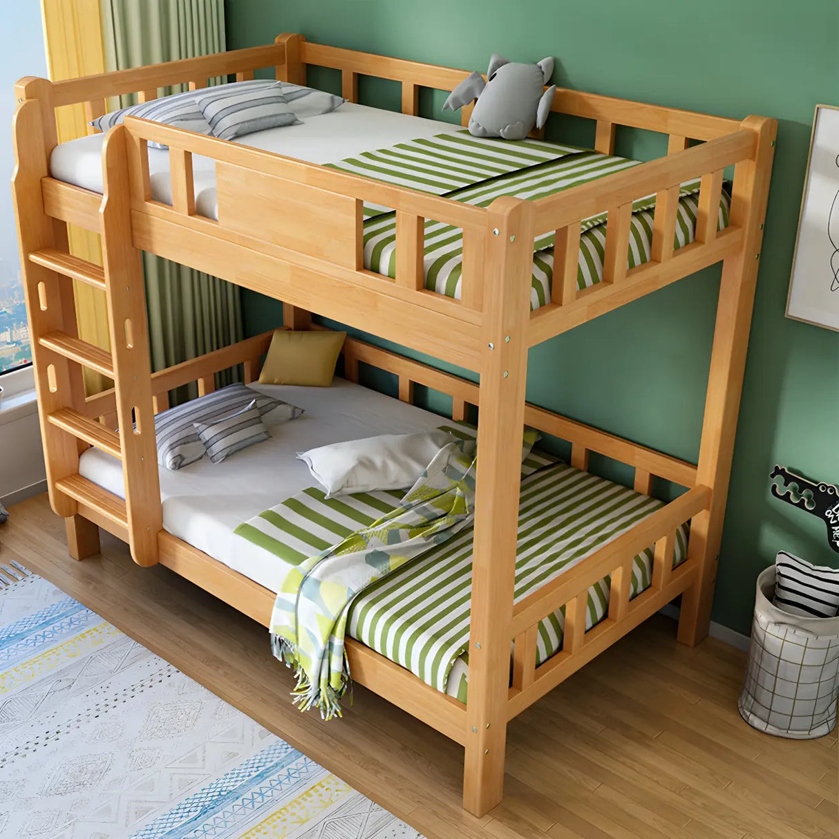 Guardrail and Stairs Natural Wood Space-Saving Bunk Bed Image - 4