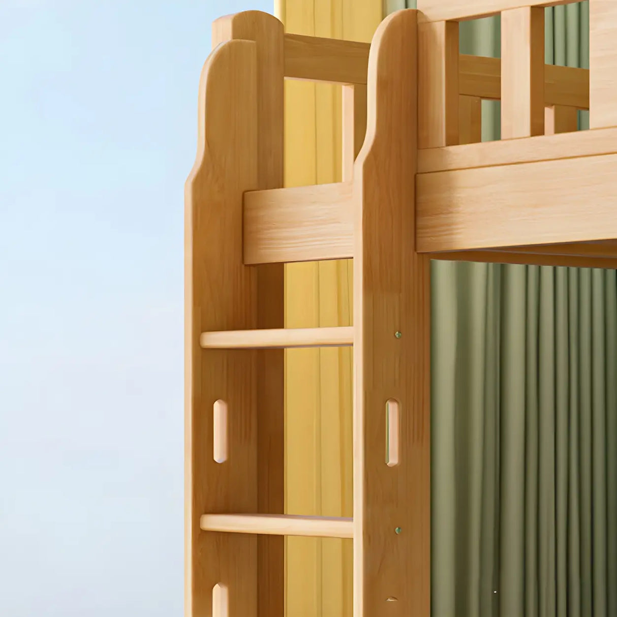 Guardrail and Stairs Natural Wood Space-Saving Bunk Bed Image - 7
