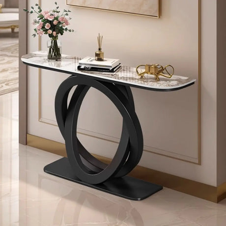 Half-Circle Stone Top Double Ring Metal Base Console Table Image - 1