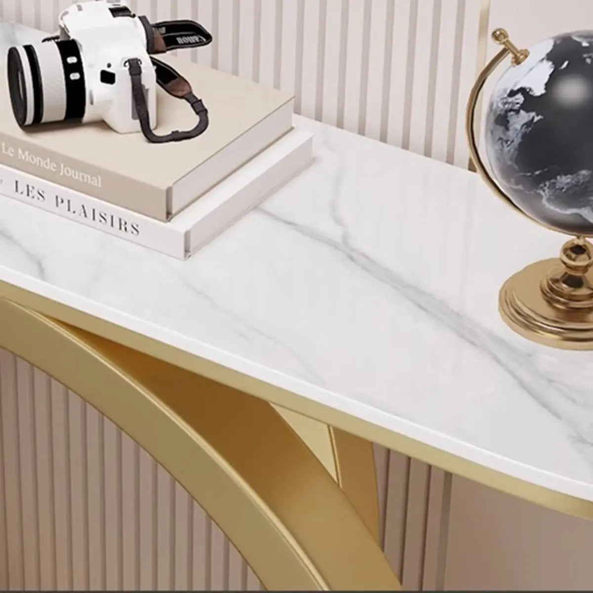 Half-Circle Stone Top Double Ring Metal Base Console Table Image - 10