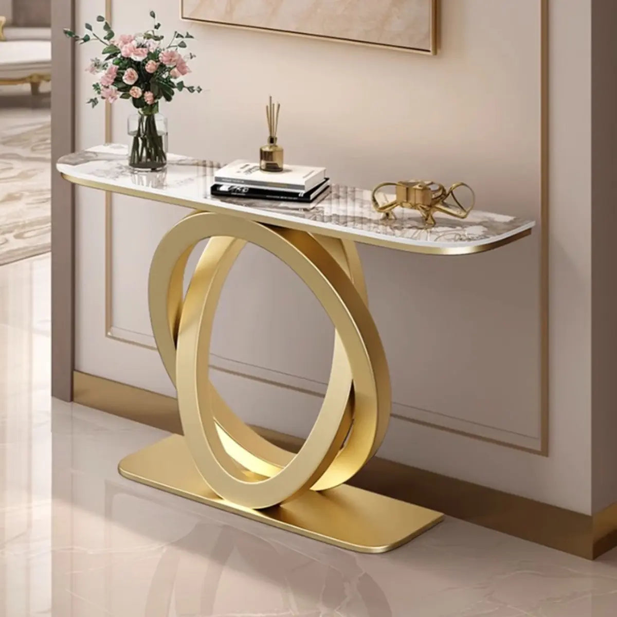 Half-Circle Stone Top Double Ring Metal Base Console Table Image - 14