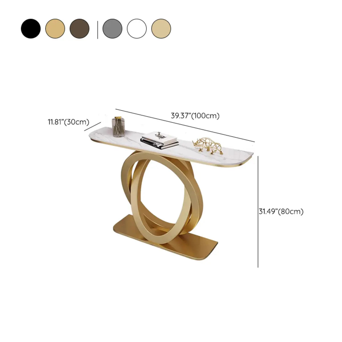 Half-Circle Stone Top Double Ring Metal Base Console Table Image - 16
