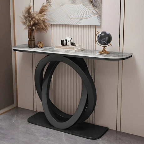 Half-Circle Stone Top Double Ring Metal Base Console Table Image - 2