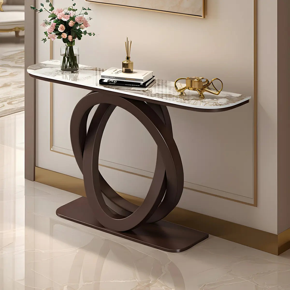 Half-Circle Stone Top Double Ring Metal Base Console Table Image - 3