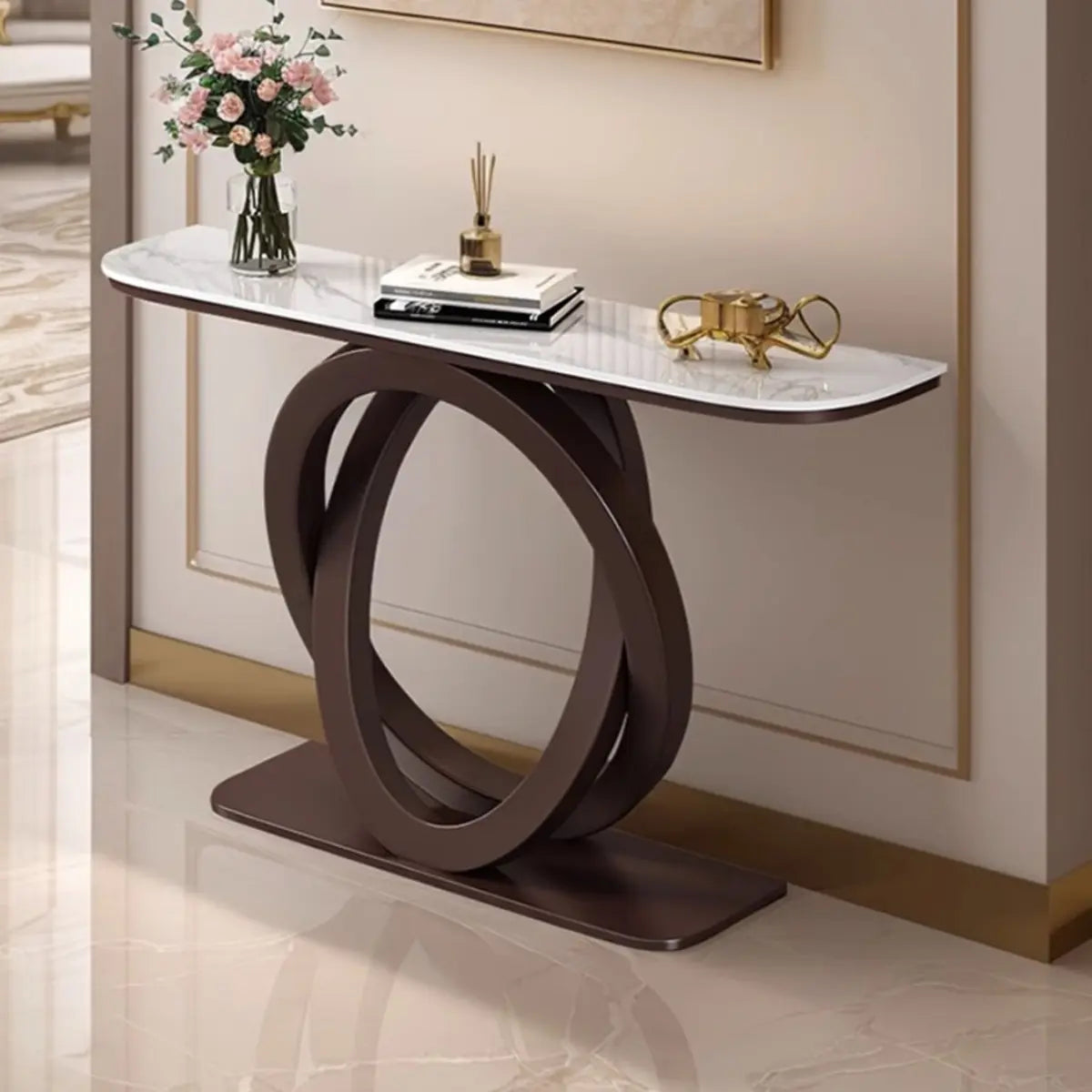Half-Circle Stone Top Double Ring Metal Base Console Table Image - 4