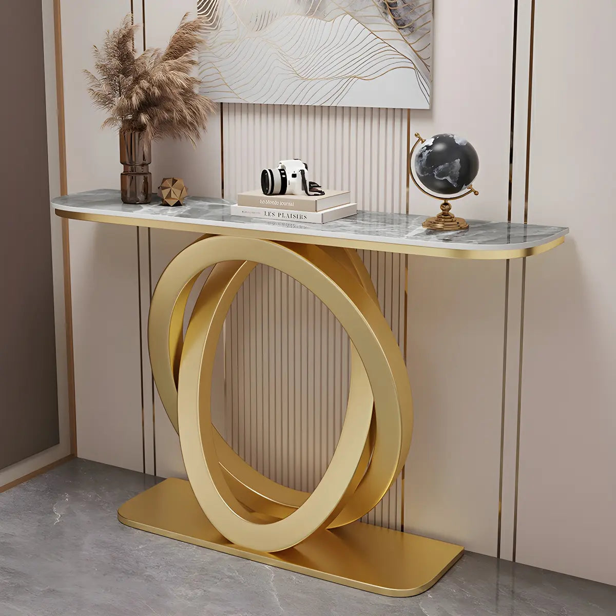Half-Circle Stone Top Double Ring Metal Base Console Table Image - 5