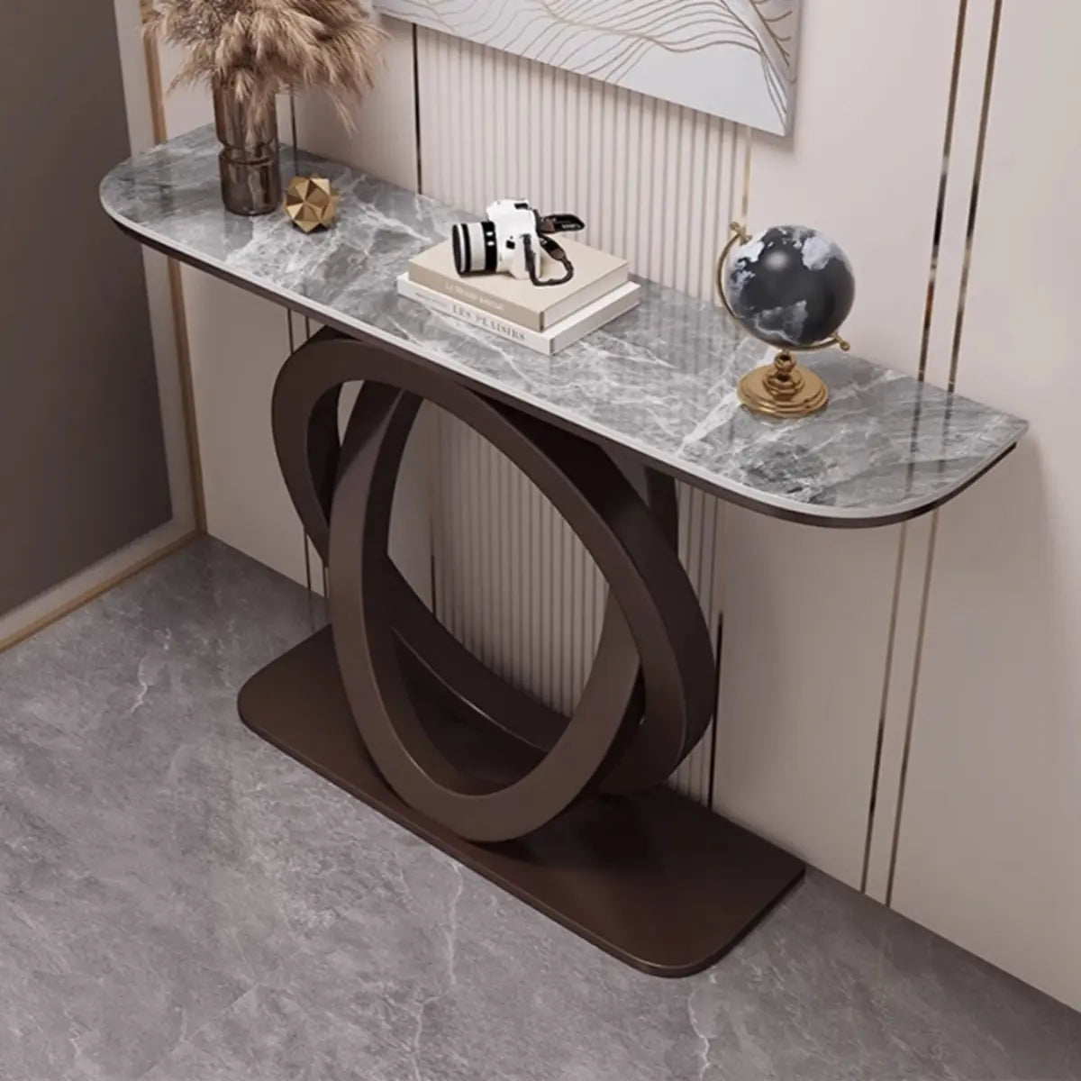 Half-Circle Stone Top Double Ring Metal Base Console Table Image - 6