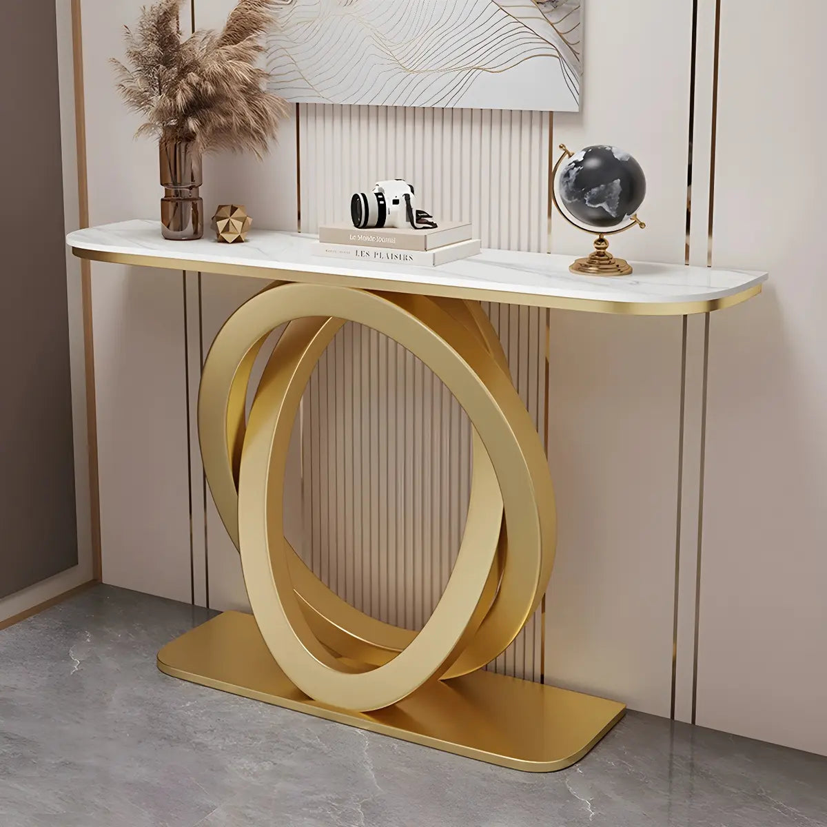 Half-Circle Stone Top Double Ring Metal Base Console Table Image - 7