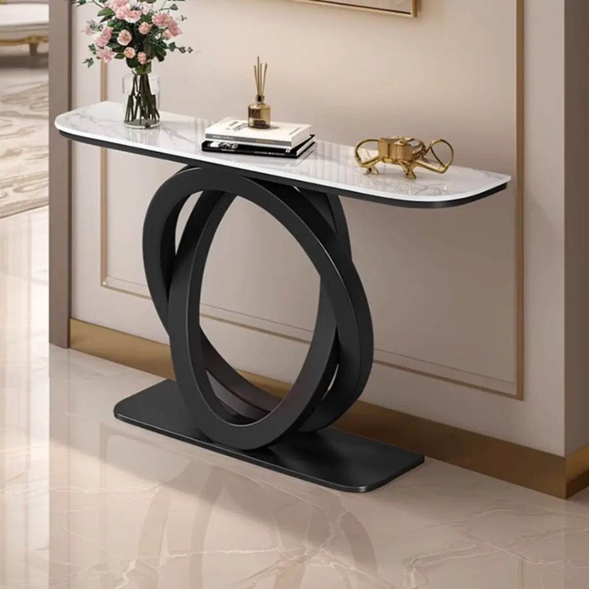 Half-Circle Stone Top Double Ring Metal Base Console Table Image - 8