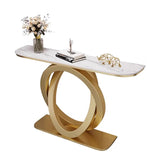 Half-Circle Stone Top Double Ring Metal Base Console Table Image - 9