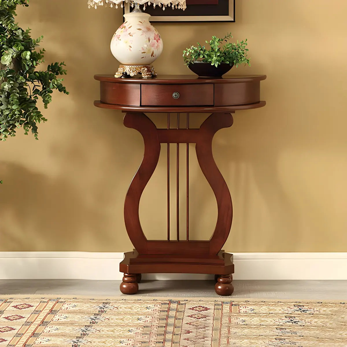 Half Moon Birch Dark Wood Console Table with Drawers Image - 3