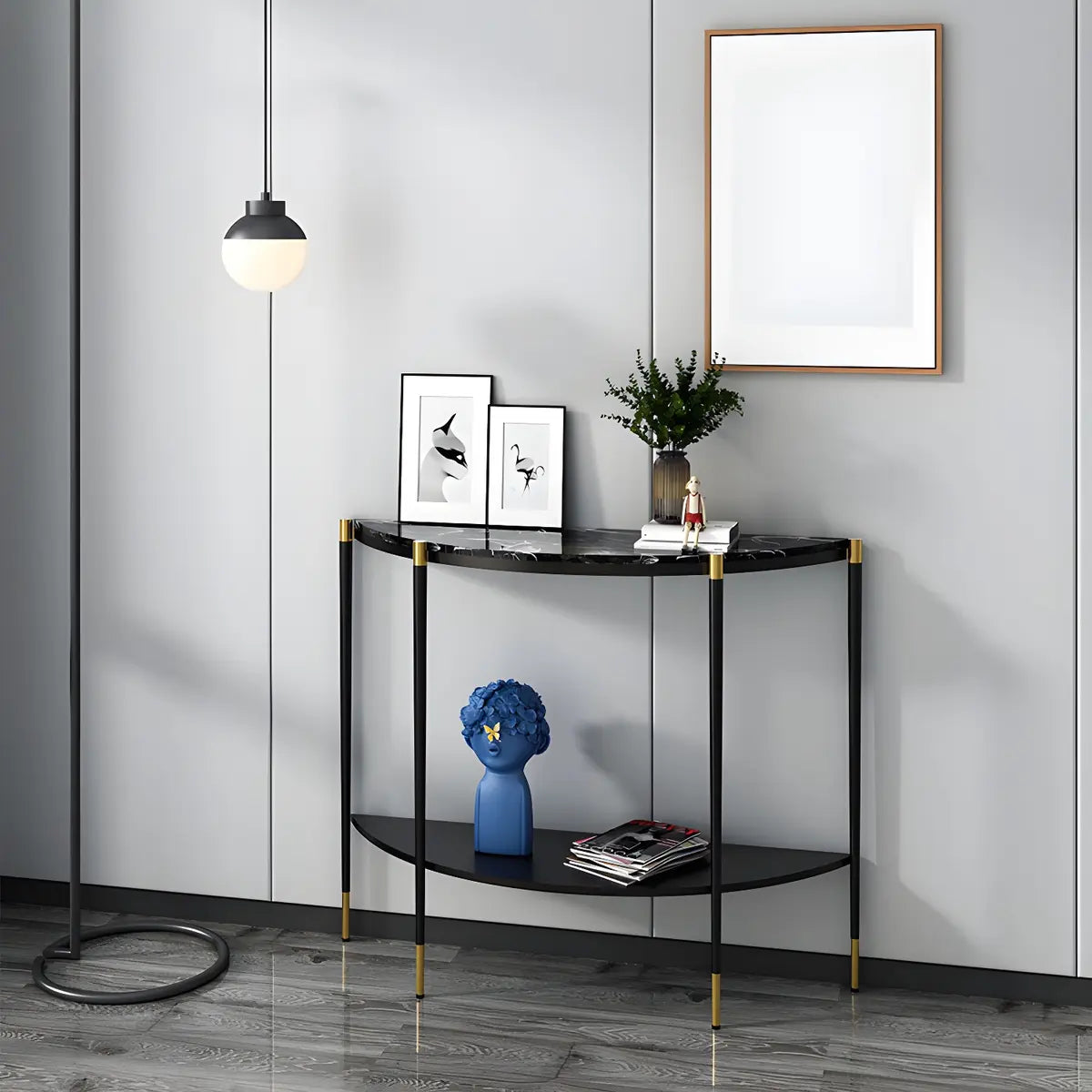 Half Moon Black Marble Entryway Console Table with Shelves Image - 1