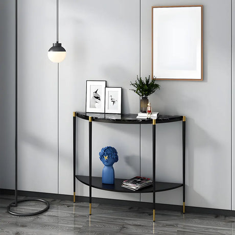 Half Moon Black Marble Entryway Console Table with Shelves Image - 1