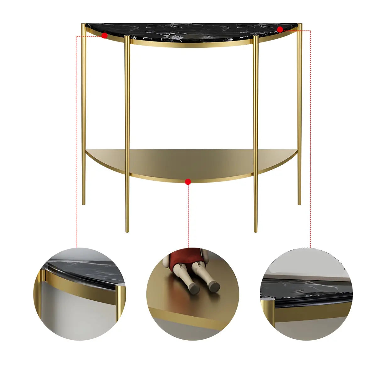 Half Moon Black Marble Entryway Console Table with Shelves Image - 8