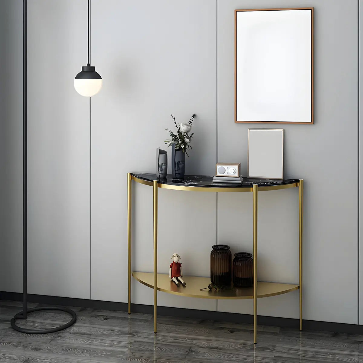 Half Moon Black Marble Entryway Console Table with Shelves Image - 2