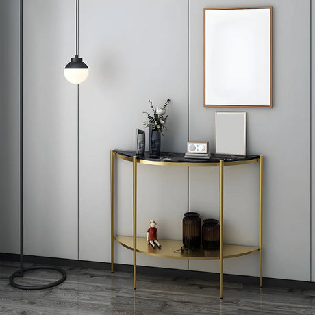 Half Moon Black Marble Entryway Console Table with Shelves Image - 2