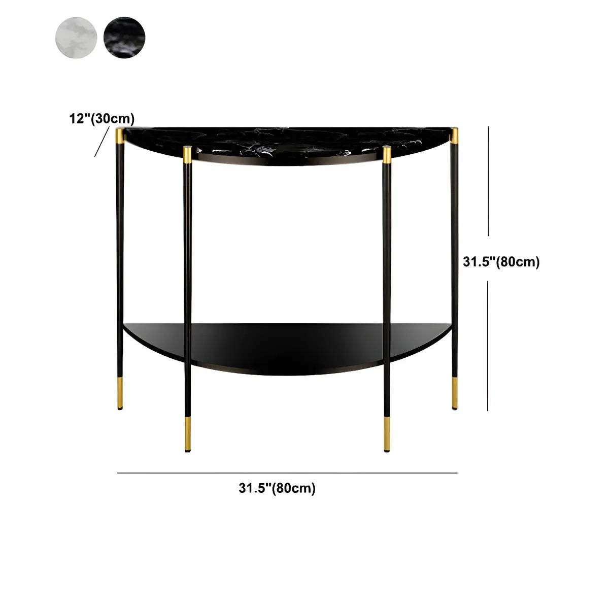 Half Moon Black Marble Entryway Console Table with Shelves 