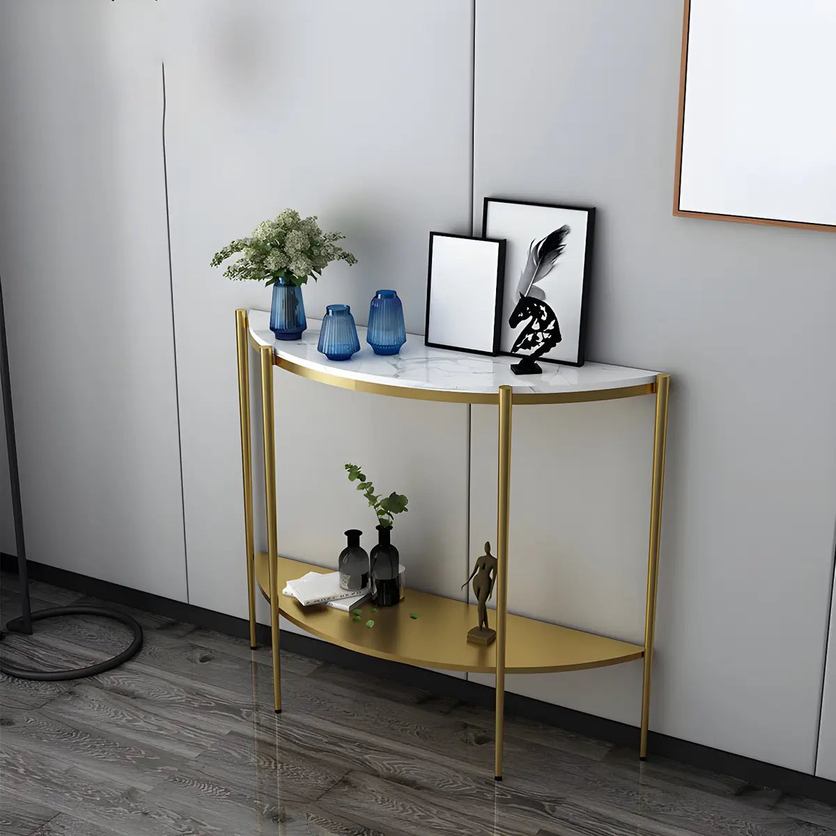 Half Moon Black Marble Entryway Console Table with Shelves Image - 3