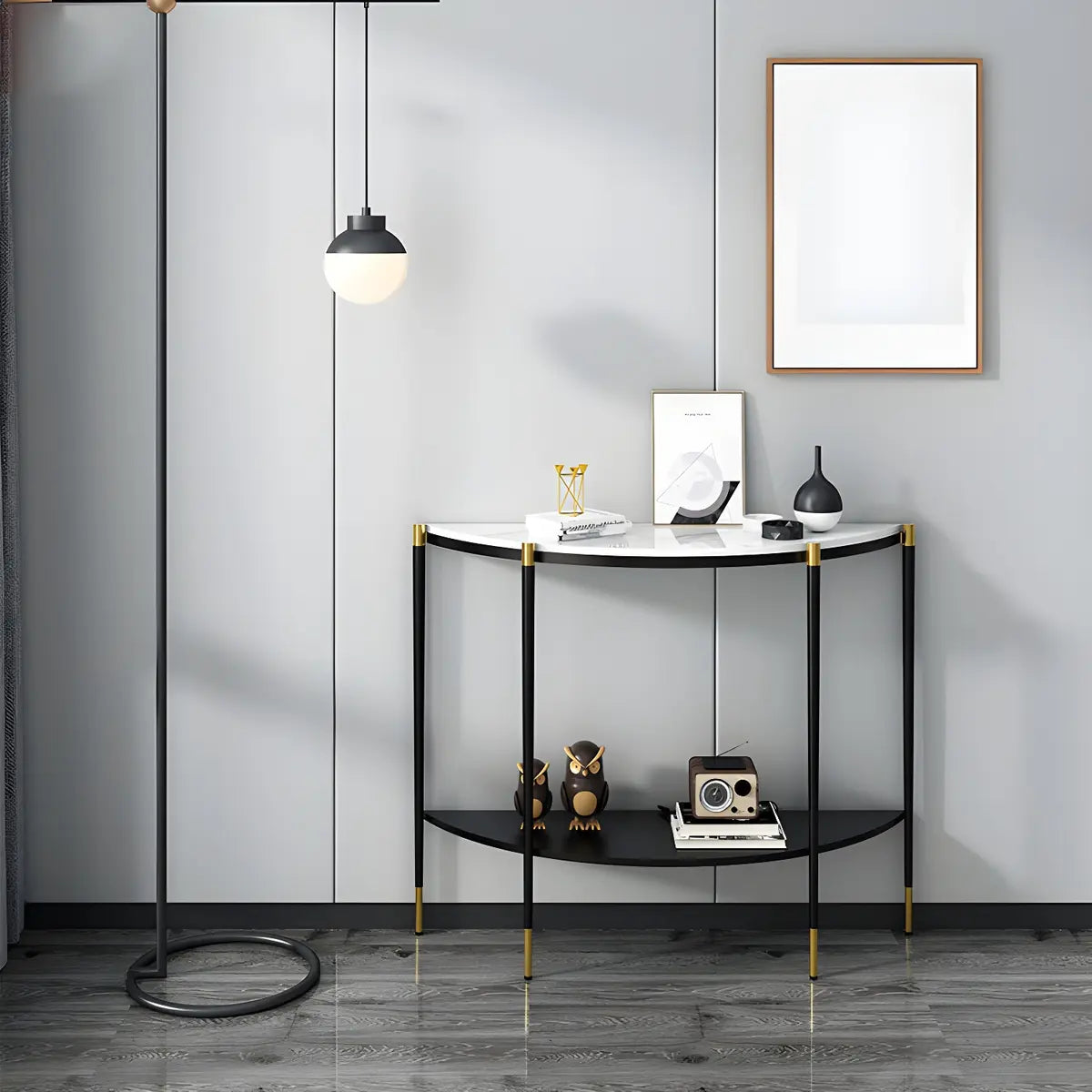 Half Moon Black Marble Entryway Console Table with Shelves Image - 4