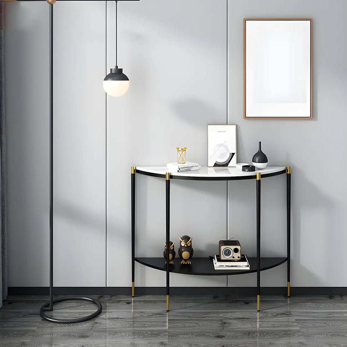 Half Moon Black Marble Entryway Console Table with Shelves Image - 4