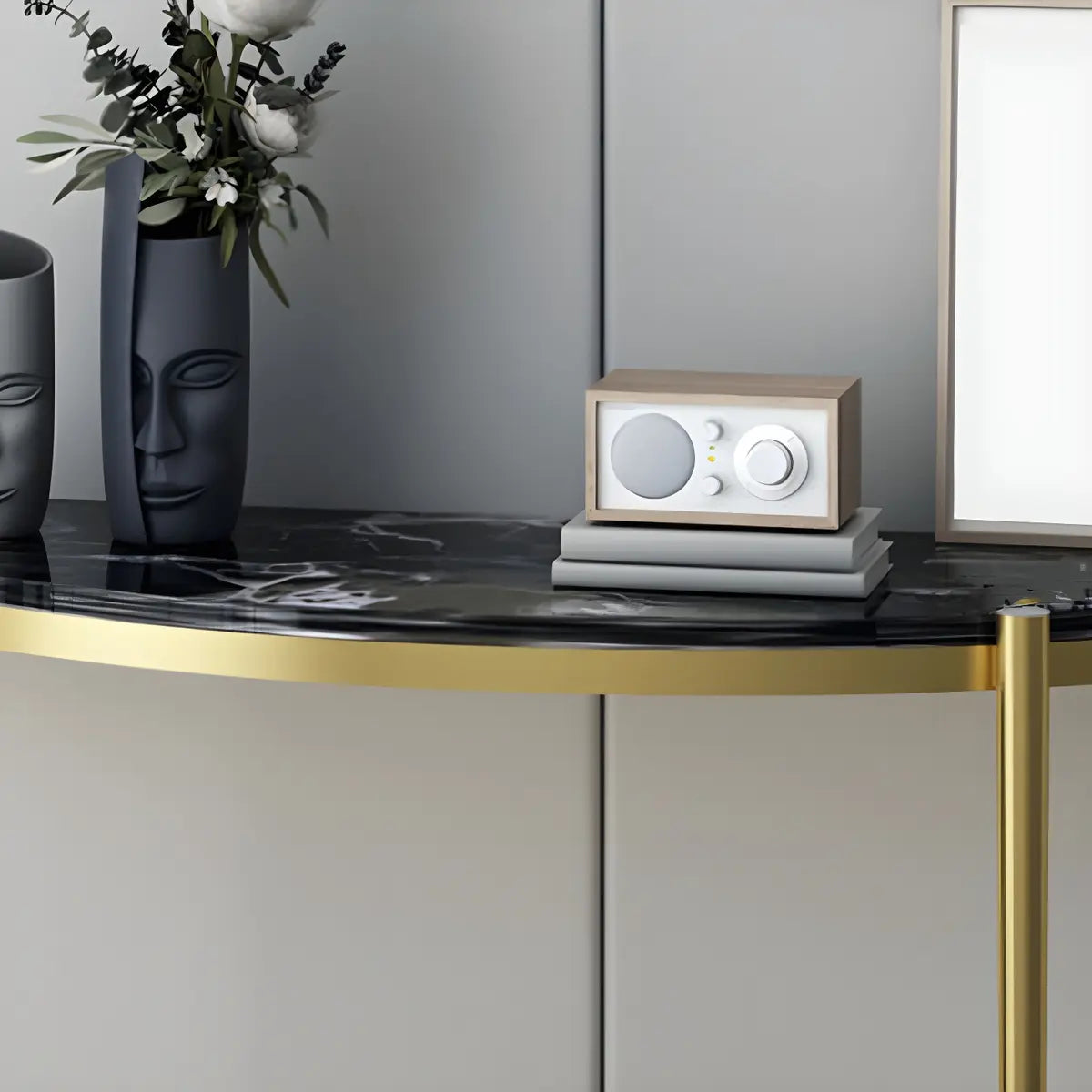 Half Moon Black Marble Entryway Console Table with Shelves Image - 6