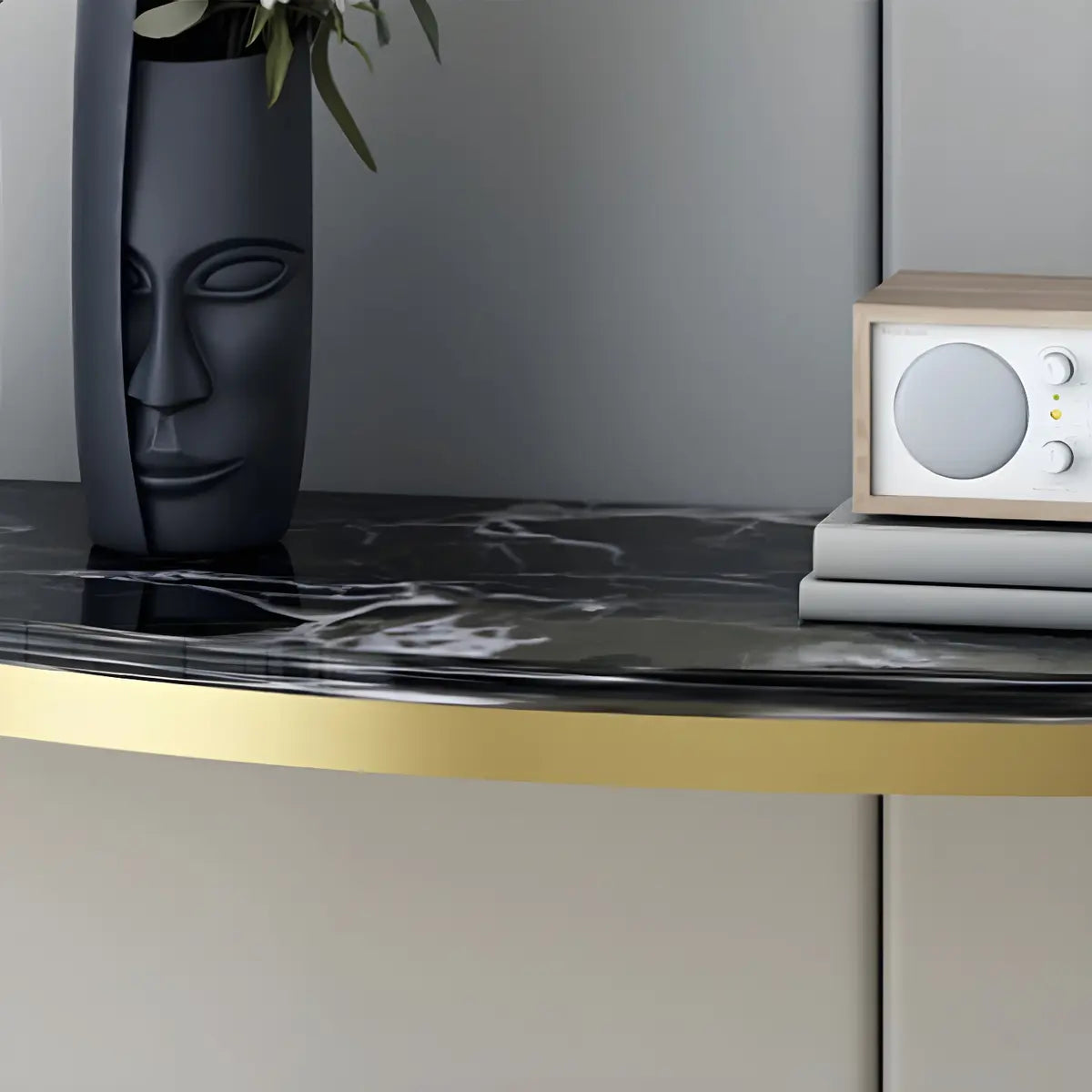 Half Moon Black Marble Entryway Console Table with Shelves Image - 7