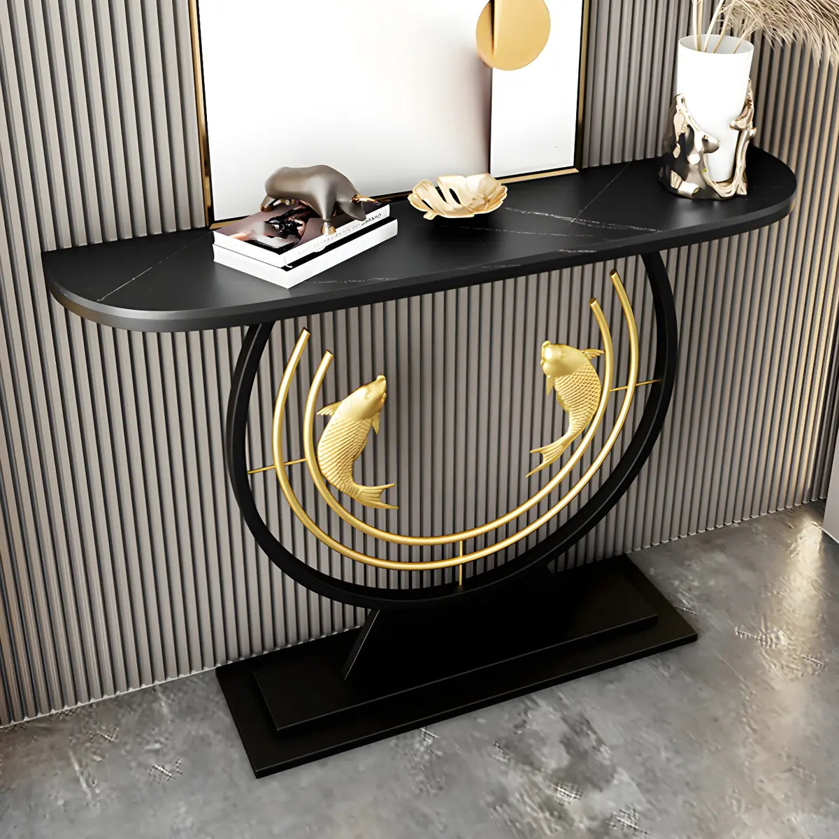 Half Moon Black Stone Gold Circle and Koi Base Console Table Image - 1