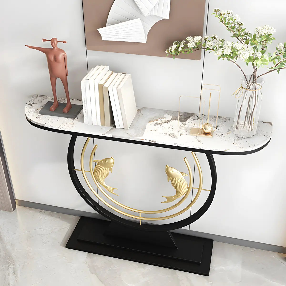 Half Moon Black Stone Gold Circle and Koi Base Console Table Image - 10