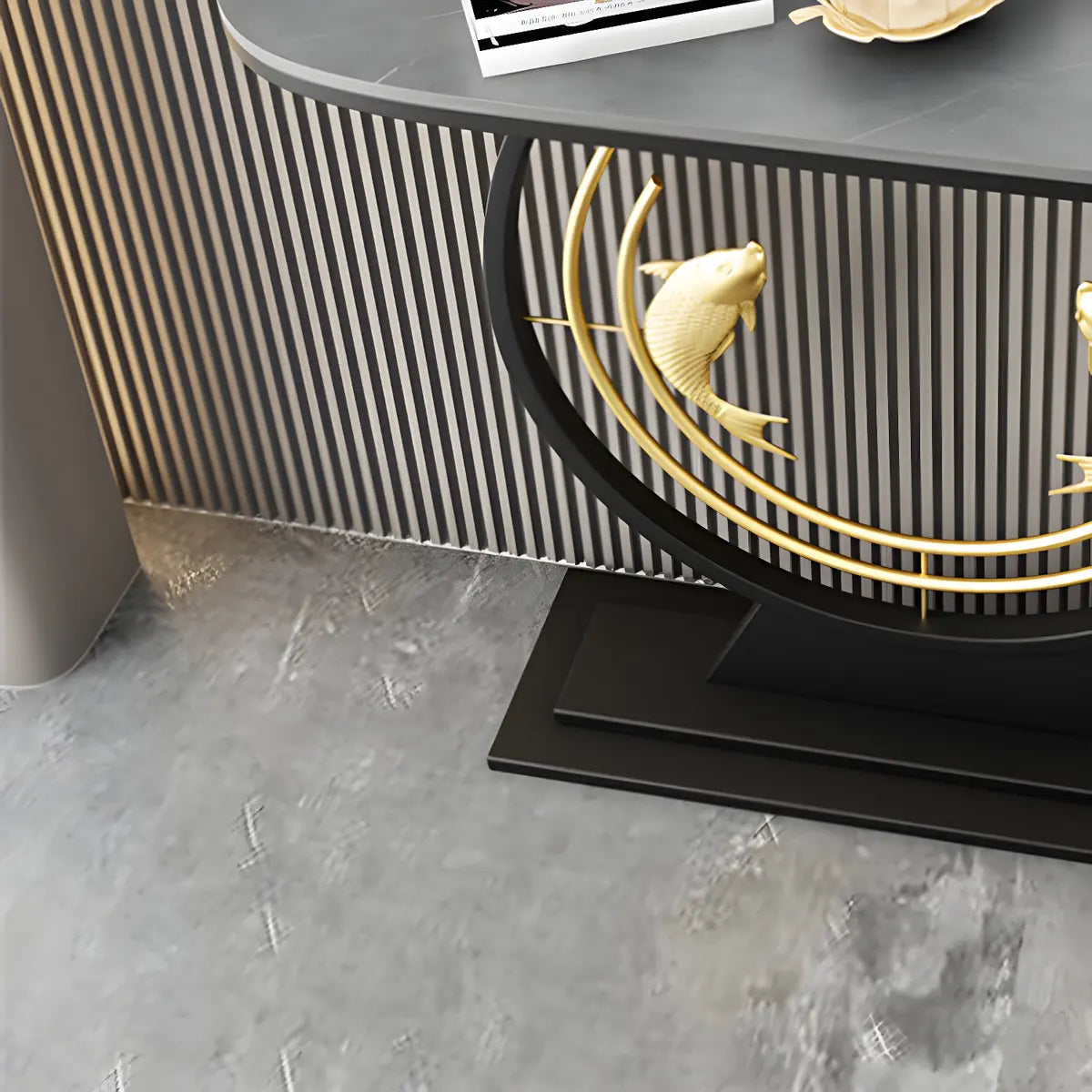 Half Moon Black Stone Gold Circle and Koi Base Console Table Image - 11