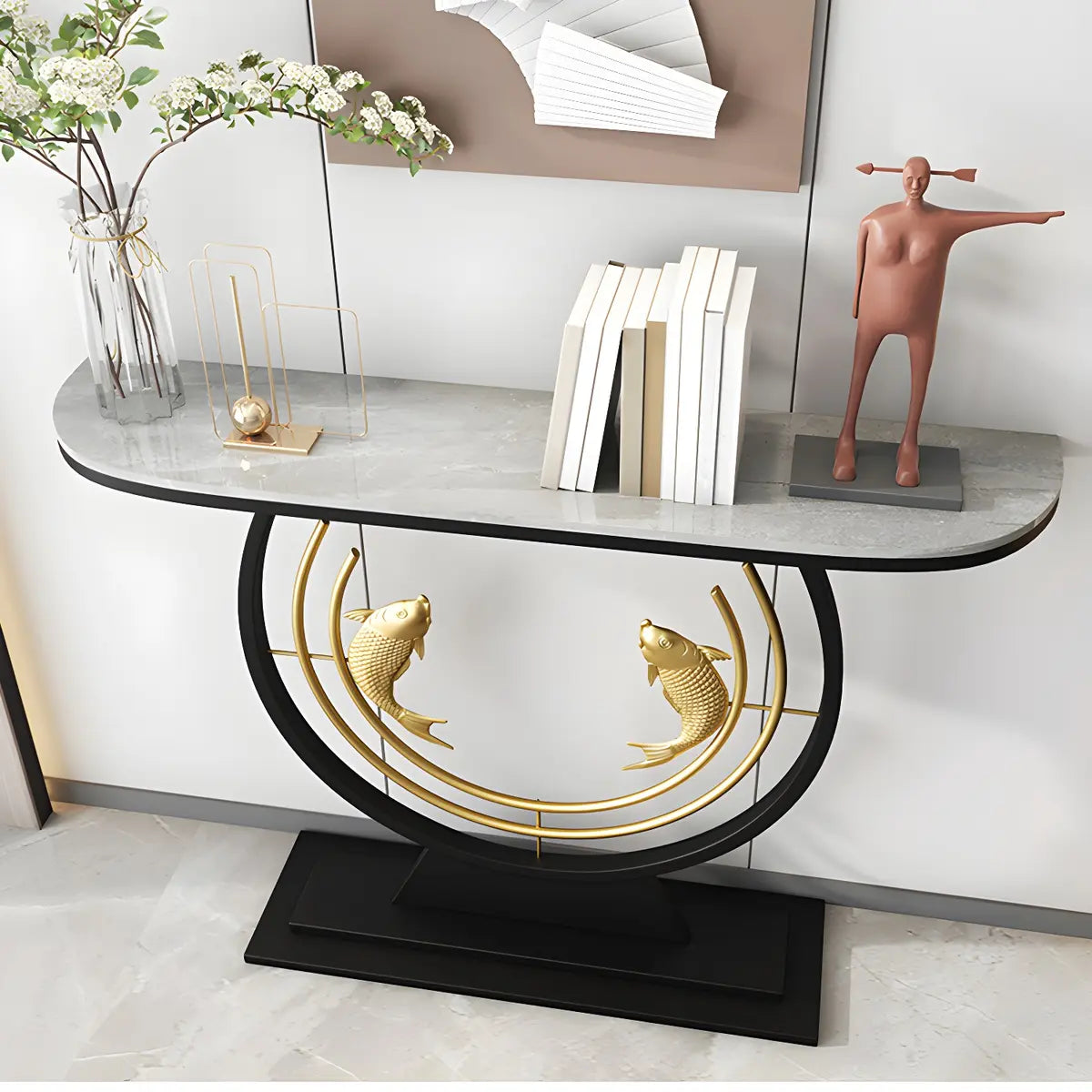 Half Moon Black Stone Gold Circle and Koi Base Console Table Image - 12