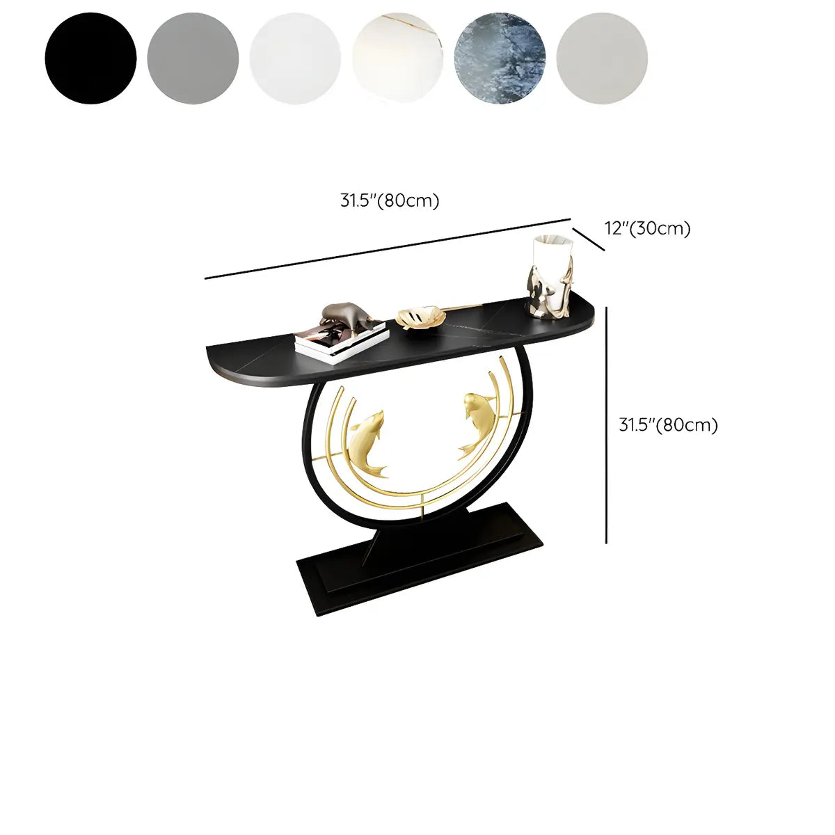 Half Moon Black Stone Gold Circle and Koi Base Console Table 
