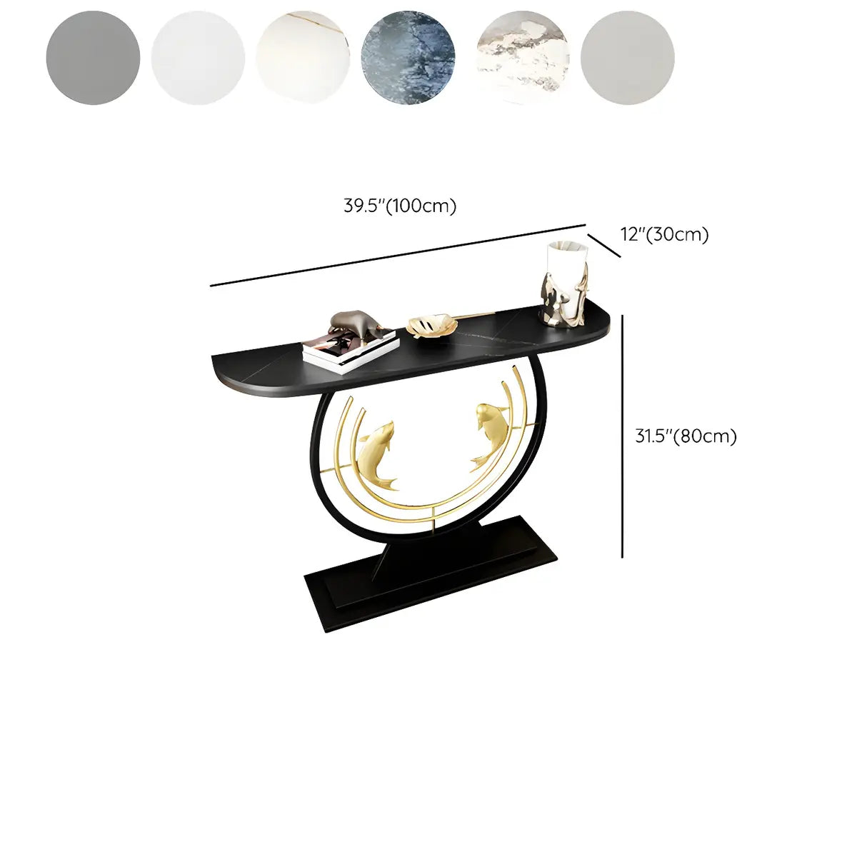 Half Moon Black Stone Gold Circle and Koi Base Console Table Image - 15