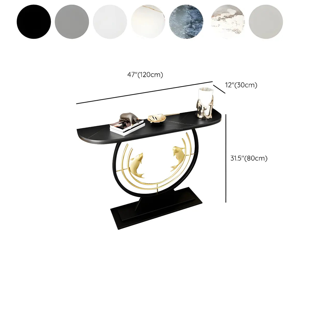 Half Moon Black Stone Gold Circle and Koi Base Console Table Image - 16