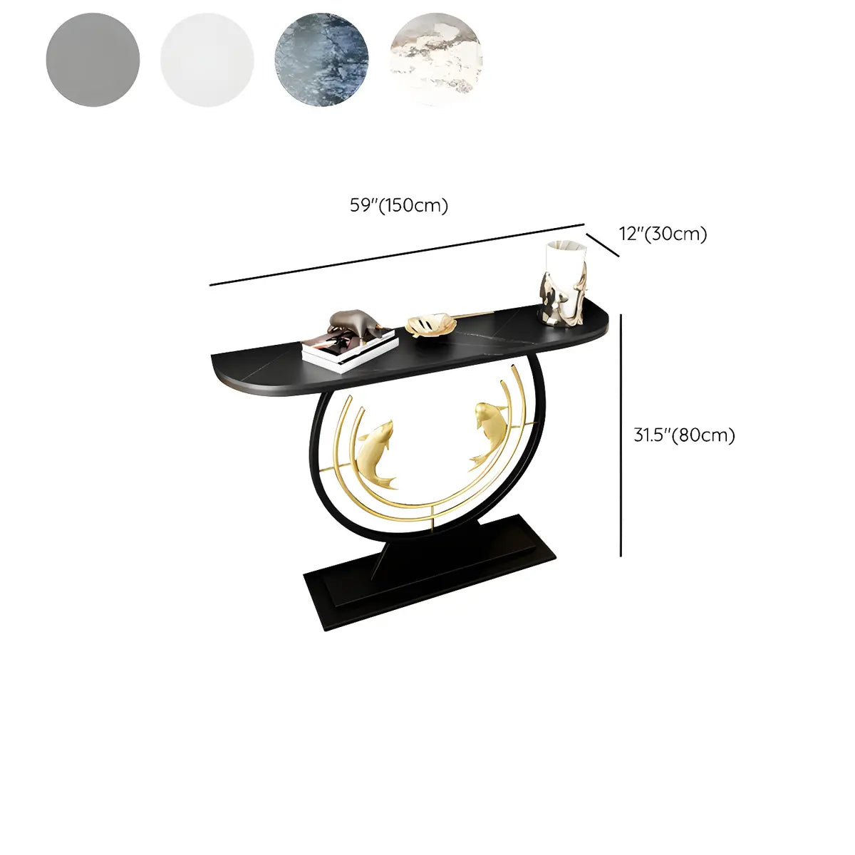 Half Moon Black Stone Gold Circle and Koi Base Console Table Image - 17