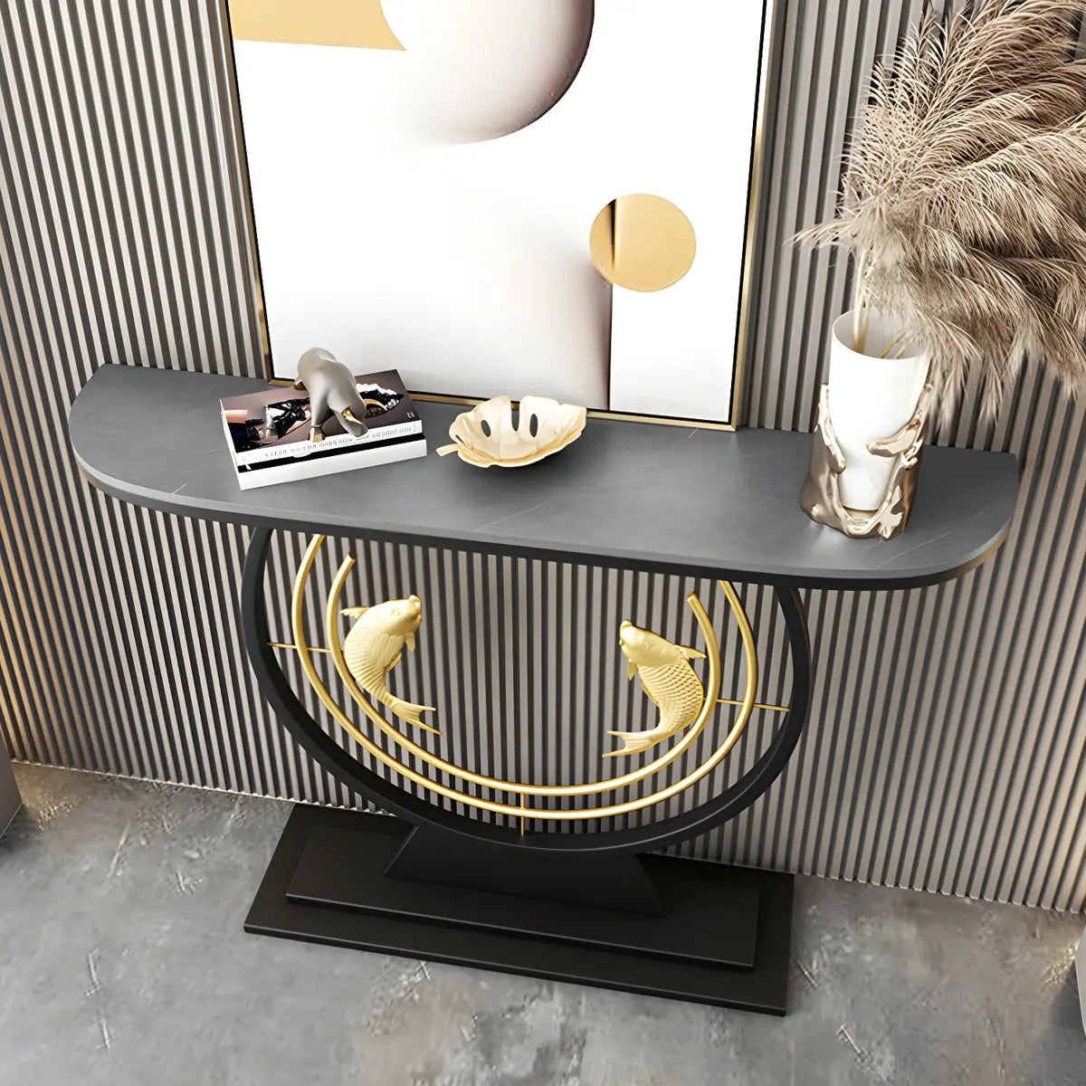 Half Moon Black Stone Gold Circle and Koi Base Console Table Image - 2