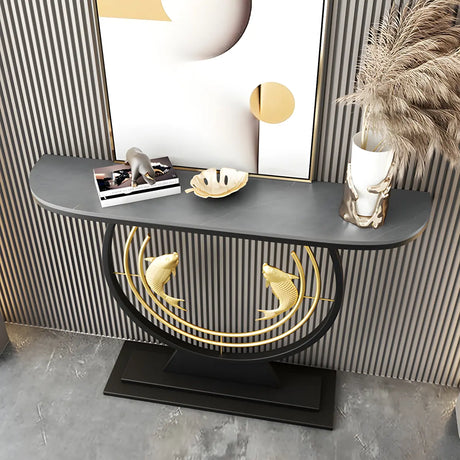 Half Moon Black Stone Gold Circle and Koi Base Console Table Image - 2