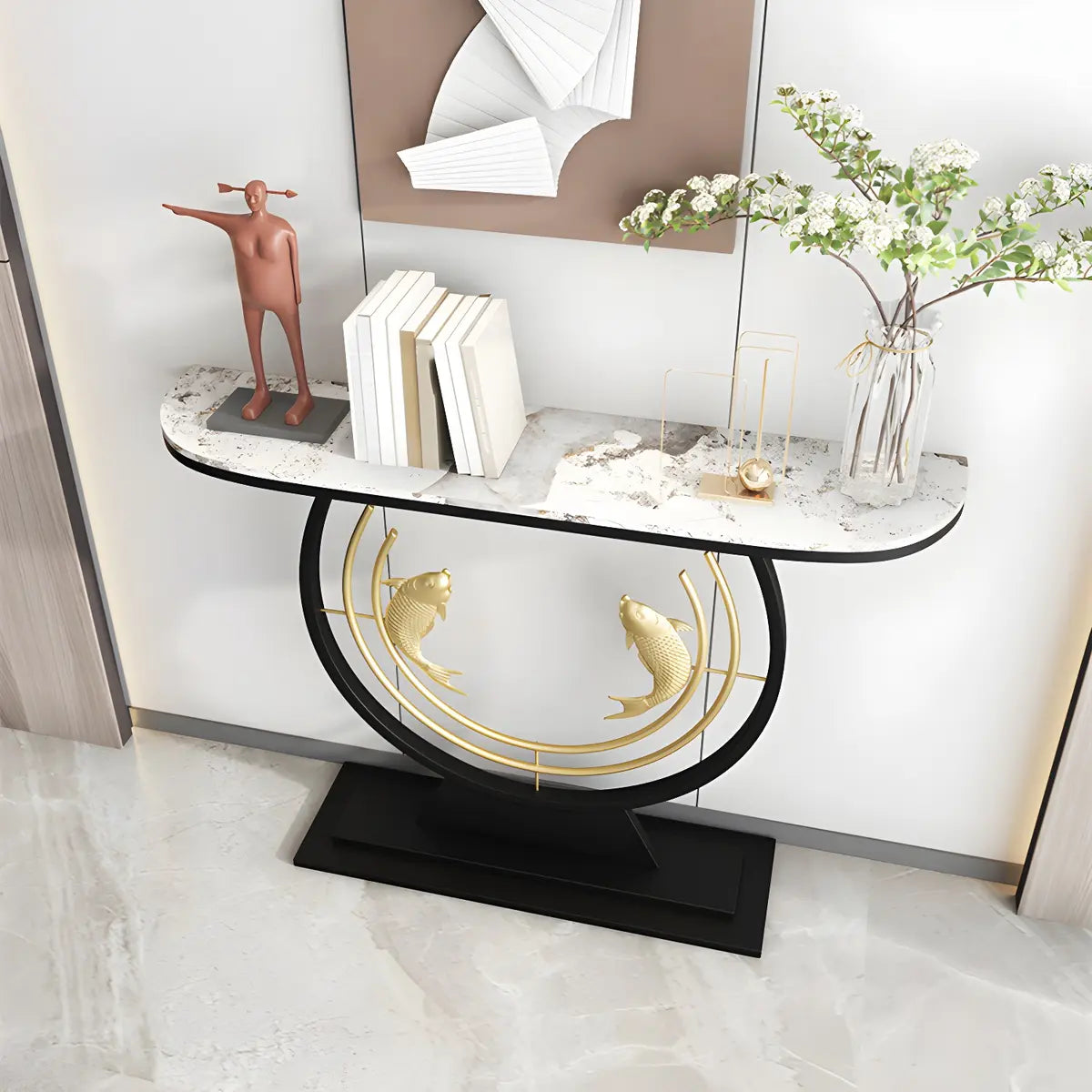 Half Moon Black Stone Gold Circle and Koi Base Console Table Image - 3