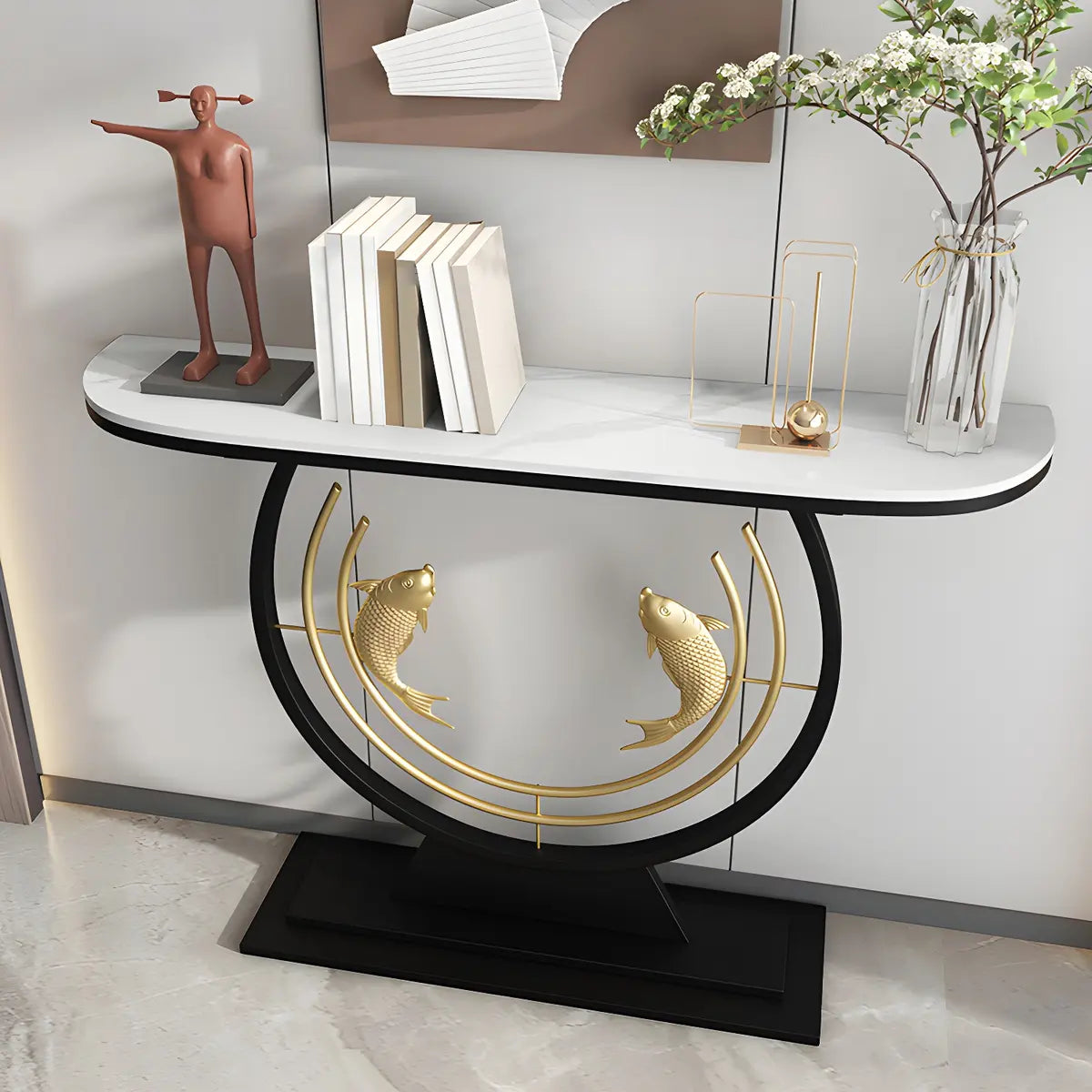 Half Moon Black Stone Gold Circle and Koi Base Console Table Image - 4