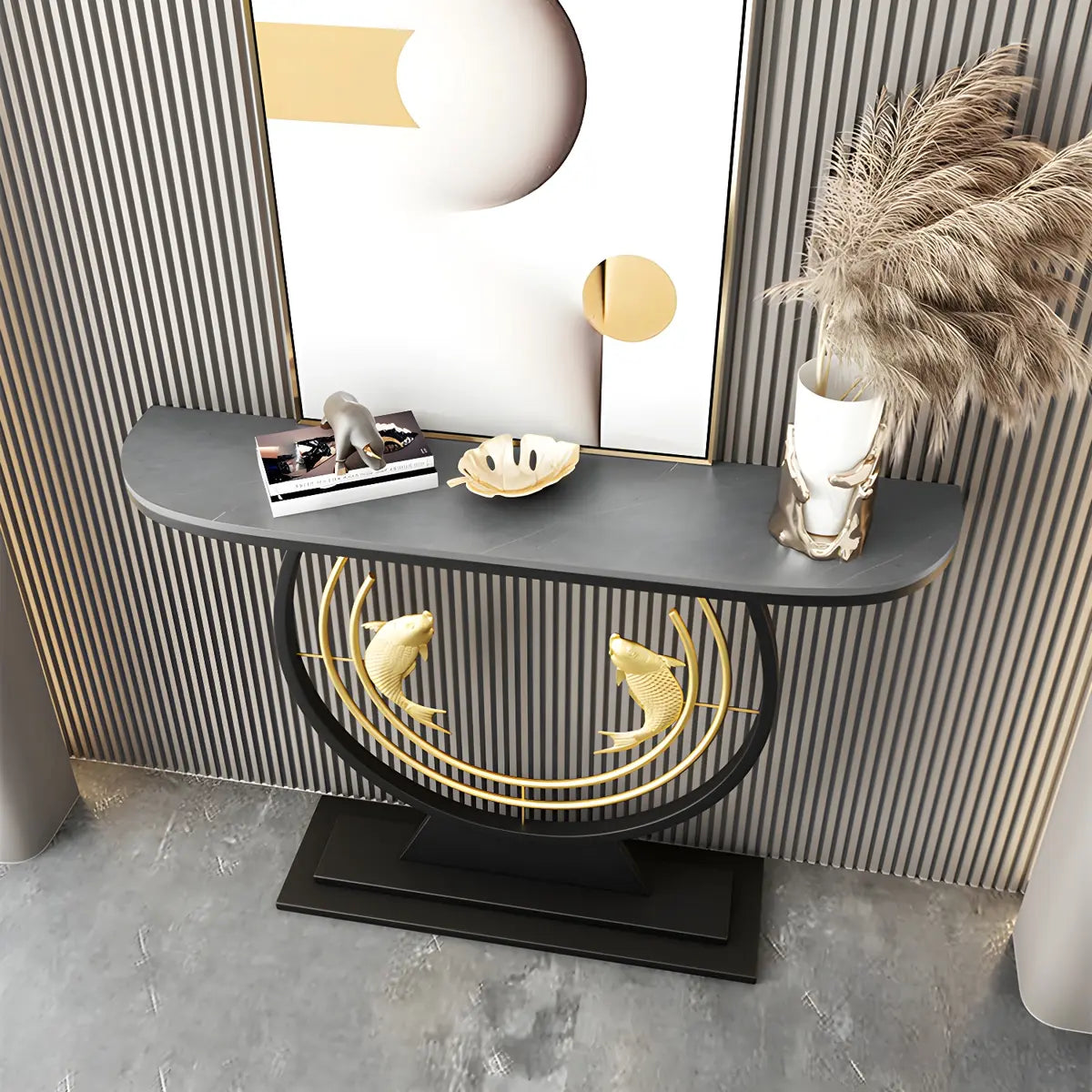 Half Moon Black Stone Gold Circle and Koi Base Console Table Image - 5