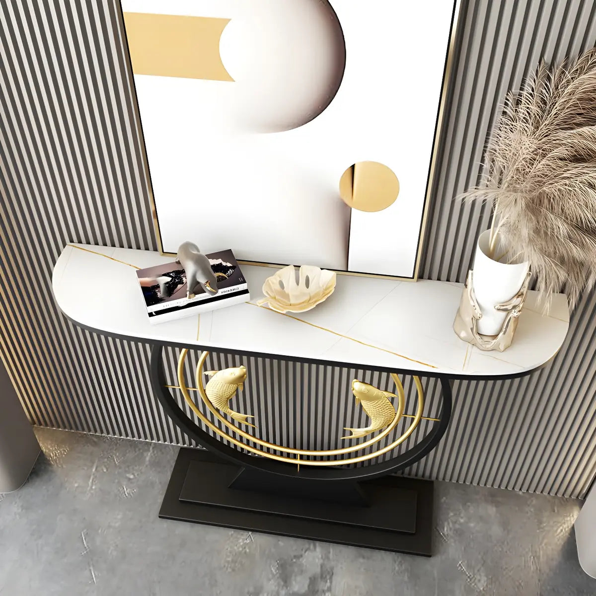Half Moon Black Stone Gold Circle and Koi Base Console Table Image - 6