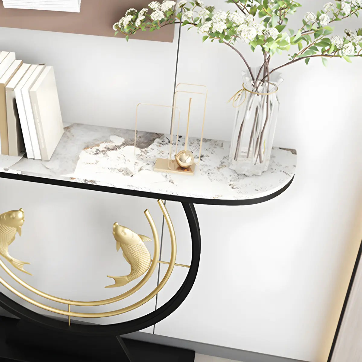 Half Moon Black Stone Gold Circle and Koi Base Console Table Image - 7