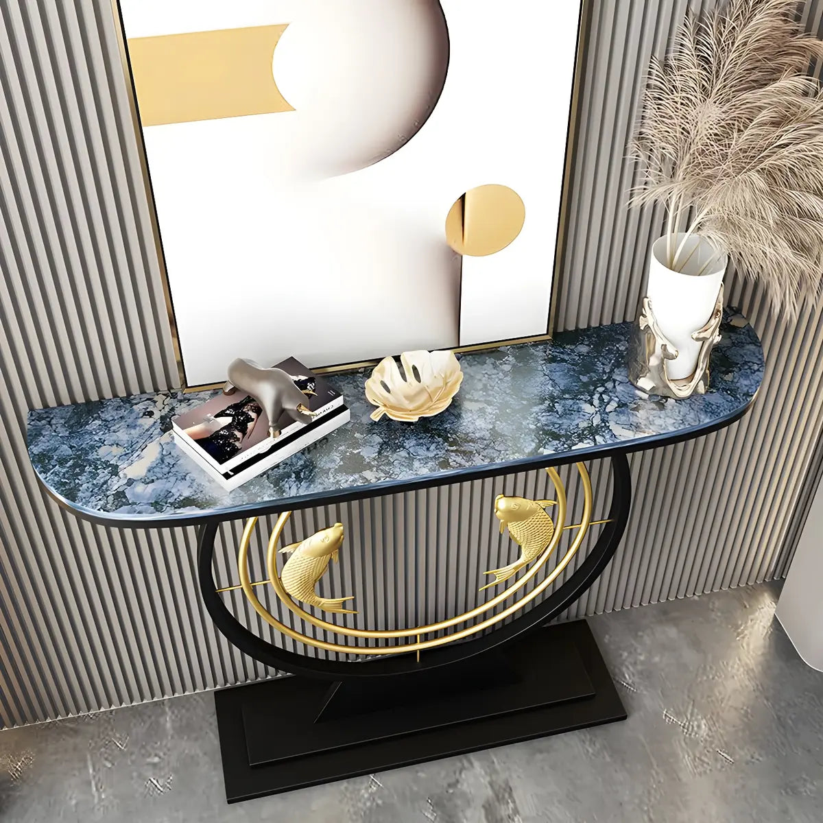Half Moon Black Stone Gold Circle and Koi Base Console Table Image - 8