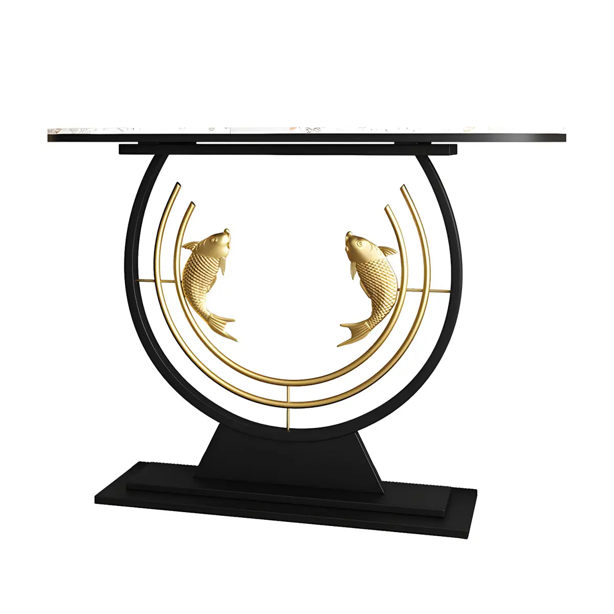 Half Moon Black Stone Gold Circle and Koi Base Console Table Image - 9