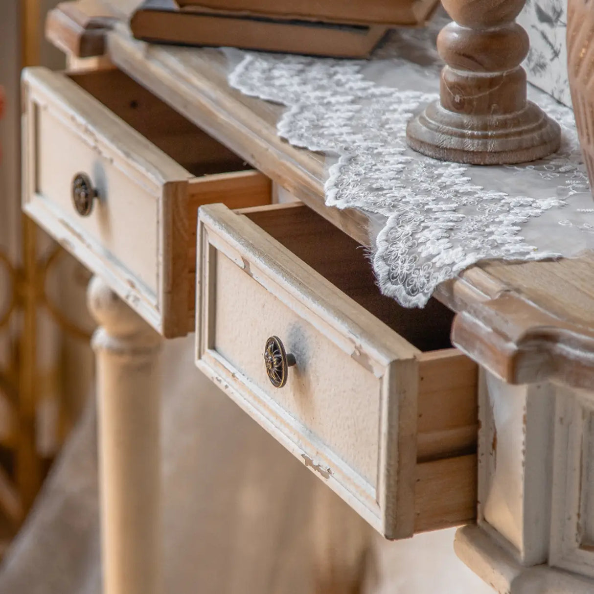 Half-Moon Distressed Wood White Console Table with Storage Image - 7