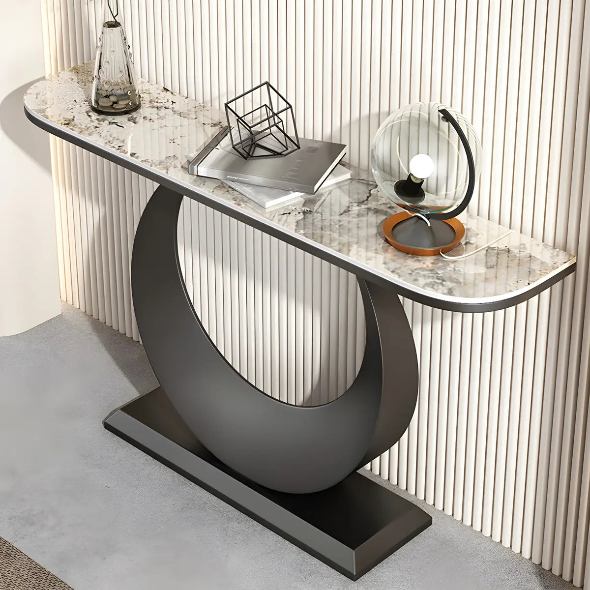 Half Moon Marble Metal Black Circle Base Console Table Image - 14