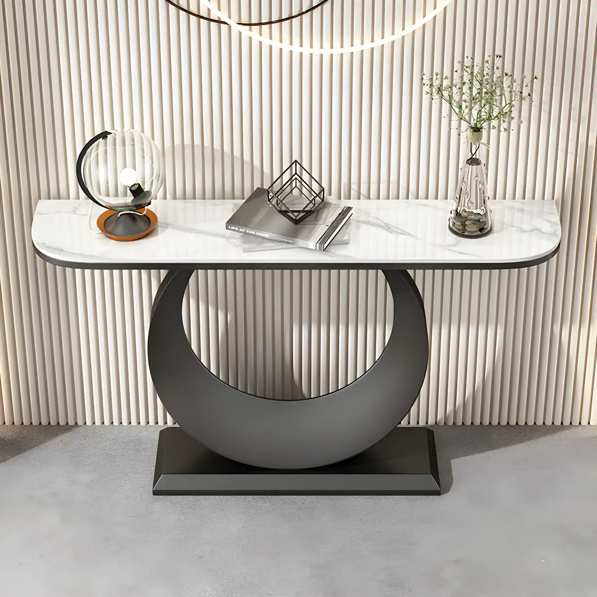 Half Moon Marble Metal Black Circle Base Console Table Image - 15
