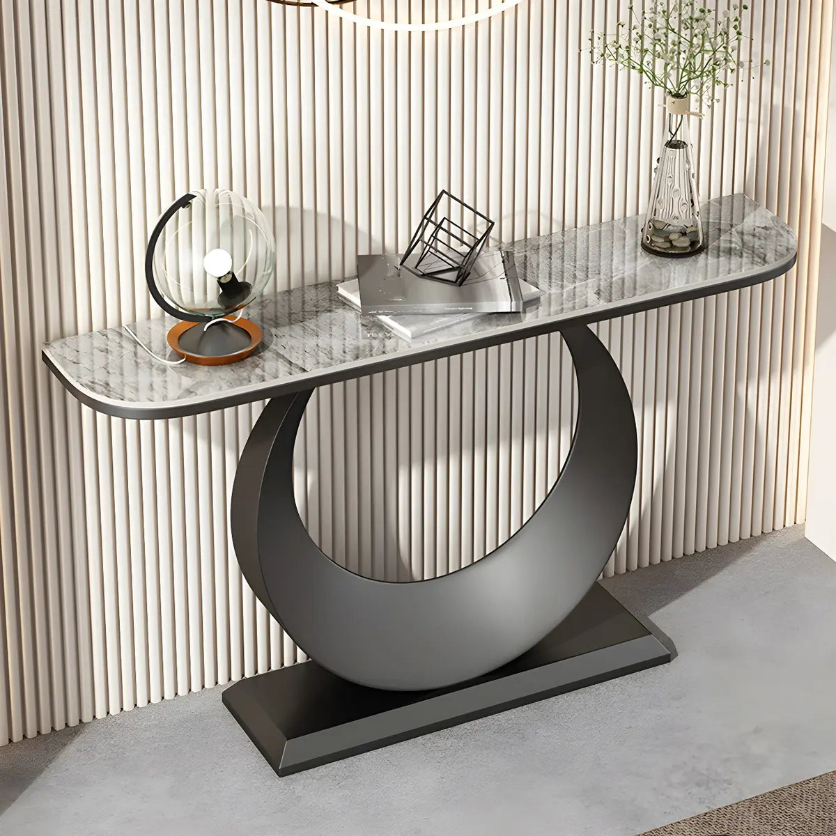Half Moon Marble Metal Black Circle Base Console Table Image - 16